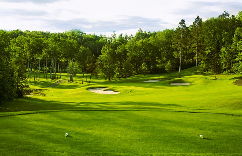 Golf green with bunkers in afternoon sunlight